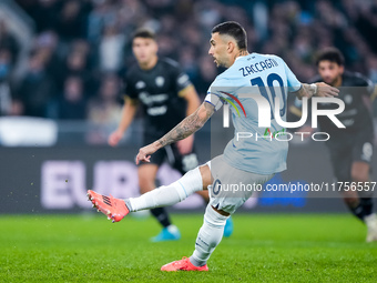 Mattia Zaccagni of SS Lazio scores second goal during the Serie A Enilive match between SS Lazio and Cagliari Calcio at Stadio Olimpico on N...