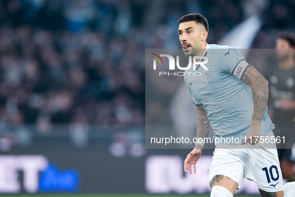 Mattia Zaccagni of SS Lazio celebrates after scoring second goal during the Serie A Enilive match between SS Lazio and Cagliari Calcio at St...