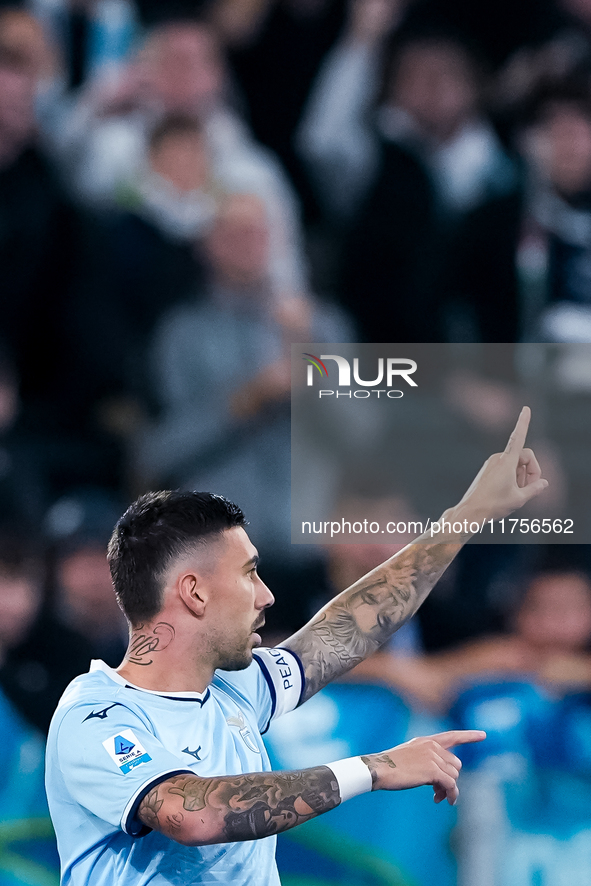 Mattia Zaccagni of SS Lazio celebrates after scoring second goal during the Serie A Enilive match between SS Lazio and Cagliari Calcio at St...