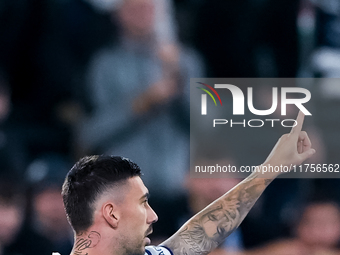 Mattia Zaccagni of SS Lazio celebrates after scoring second goal during the Serie A Enilive match between SS Lazio and Cagliari Calcio at St...