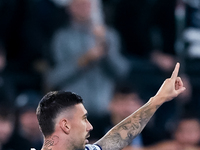 Mattia Zaccagni of SS Lazio celebrates after scoring second goal during the Serie A Enilive match between SS Lazio and Cagliari Calcio at St...