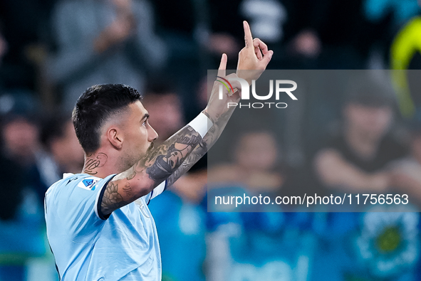 Mattia Zaccagni of SS Lazio celebrates after scoring second goal during the Serie A Enilive match between SS Lazio and Cagliari Calcio at St...