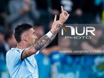 Mattia Zaccagni of SS Lazio celebrates after scoring second goal during the Serie A Enilive match between SS Lazio and Cagliari Calcio at St...