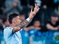 Mattia Zaccagni of SS Lazio celebrates after scoring second goal during the Serie A Enilive match between SS Lazio and Cagliari Calcio at St...