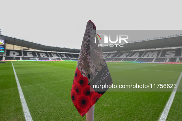 A Remembrance Day corner flag is present during the Sky Bet Championship match between Derby County and Plymouth Argyle at Pride Park in Der...