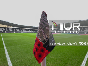 A Remembrance Day corner flag is present during the Sky Bet Championship match between Derby County and Plymouth Argyle at Pride Park in Der...