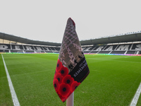 A Remembrance Day corner flag is present during the Sky Bet Championship match between Derby County and Plymouth Argyle at Pride Park in Der...