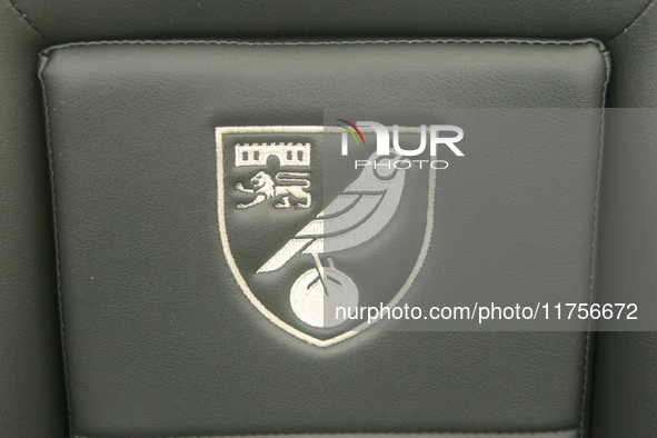 The Norwich City Football Club crest is on the dugout chair before the Sky Bet Championship match between Norwich City and Bristol City at C...