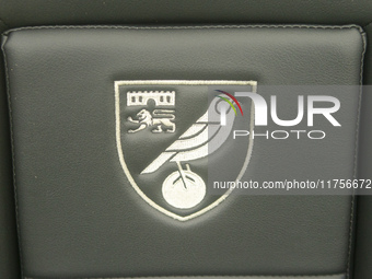 The Norwich City Football Club crest is on the dugout chair before the Sky Bet Championship match between Norwich City and Bristol City at C...