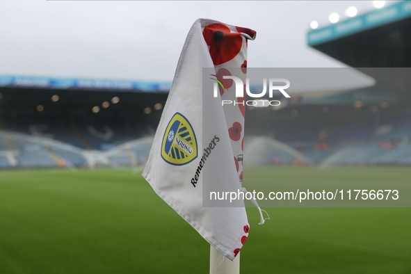 Remembrance corner flags are at Elland Road before the Sky Bet Championship match between Leeds United and Queens Park Rangers in Leeds, Uni...