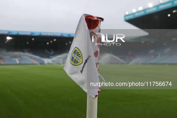 Remembrance corner flags are at Elland Road before the Sky Bet Championship match between Leeds United and Queens Park Rangers in Leeds, Uni...