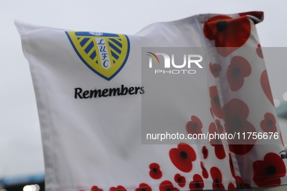 Remembrance corner flags are at Elland Road before the Sky Bet Championship match between Leeds United and Queens Park Rangers in Leeds, Uni...