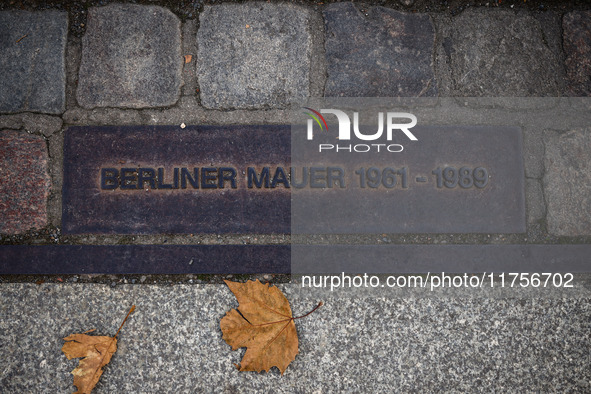 A plaque at Berlin Wall Memorial during the commemoration ceremony marking the 35th anniversary of the fall of the Berlin Wall. Berlin, Germ...