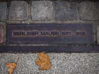 A plaque at Berlin Wall Memorial during the commemoration ceremony marking the 35th anniversary of the fall of the Berlin Wall. Berlin, Germ...