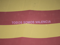 A flag of the Valencian community is displayed at the Santiago Bernabeu in Madrid, Spain, on November 9, as a tribute to those who died in t...