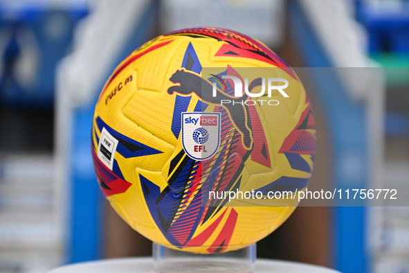 The match ball displays winter colors that match the Sky logo during the Sky Bet League 1 match between Peterborough and Cambridge United at...