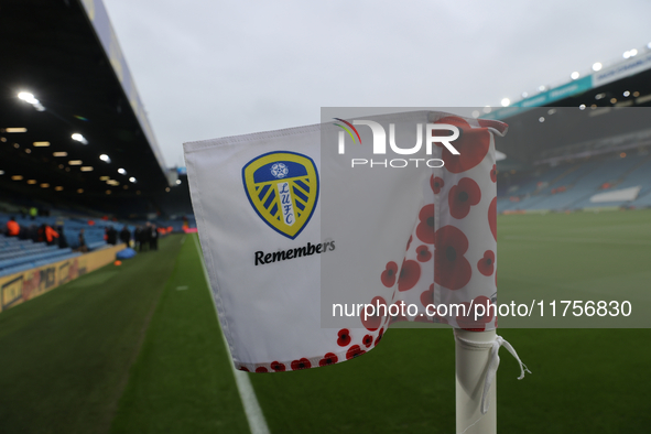 Remembrance corner flags are at Elland Road before the Sky Bet Championship match between Leeds United and Queens Park Rangers in Leeds, Uni...