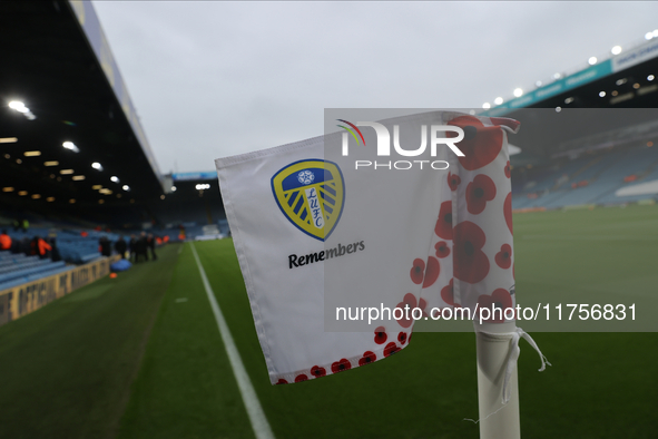 Remembrance corner flags are at Elland Road before the Sky Bet Championship match between Leeds United and Queens Park Rangers in Leeds, Uni...