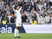 Jude Bellingham of Real Madrid celebrates a goal during the La Liga 2024/25 match between Real Madrid and Osasuna at Santiago Bernabeu Stadi...