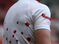 Sunderland goalkeeper Simon Moore has 'Lest We Forget' printed on his warm-up shirt during the Sky Bet Championship match between Sunderland...