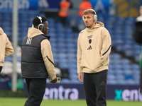 Wilfried Gnonto (Leeds United) in Black Panther headphones chats with Joel Piroe (Leeds United) in Naruto headphones before the Sky Bet Cham...