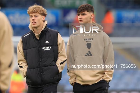 Sam Chambers (Leeds United) walks the pitch with Charlie Crew (Leeds United) before the Sky Bet Championship match between Leeds United and...