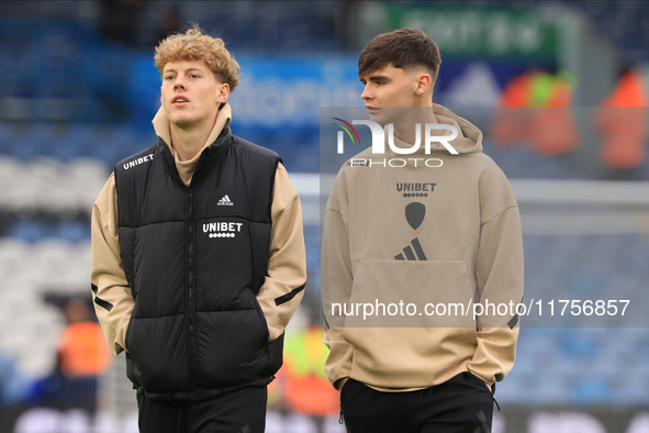 Sam Chambers (Leeds United) walks the pitch with Charlie Crew (Leeds United) before the Sky Bet Championship match between Leeds United and...