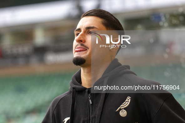 Borja Sainz of Norwich City arrives before the Sky Bet Championship match between Norwich City and Bristol City at Carrow Road in Norwich, E...