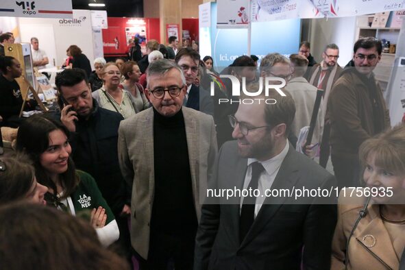 France's Minister for the Economy, Finance and Industry, Antoine Armand (R), accompanied by former French centrist UDI Member of Parliament...