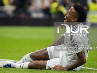 Eder Militao of Real Madrid CF is injured on the ground during the La Liga EA Sports 2024/25 football match between Real Madrid CF and CA Os...