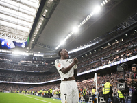 Vinicius Jr of Real Madrid celebrates a goal during the La Liga 2024/25 match between Real Madrid and Osasuna at Santiago Bernabeu Stadium i...