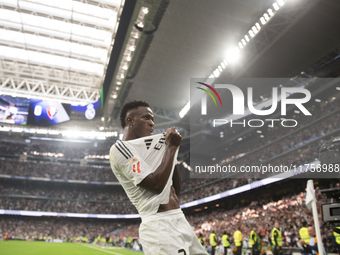 Vinicius Jr of Real Madrid celebrates a goal during the La Liga 2024/25 match between Real Madrid and Osasuna at Santiago Bernabeu Stadium i...