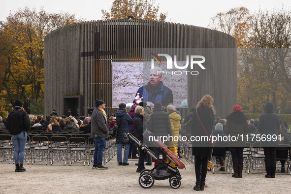 Solidarnosc movement co-founder Bogdan Borusewicz speaks in the Chapel of Reconciliation during the commemoration ceremony marking the 35th...