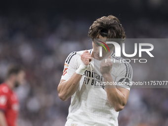 Fran Garcia of Real Madrid reacts to a missed opportunity during the La Liga 2024/25 match between Real Madrid and Osasuna at Santiago Berna...