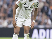 Kylian Mbappe of Real Madrid reacts to a missed opportunity during the La Liga 2024/25 match between Real Madrid and Osasuna at Santiago Ber...