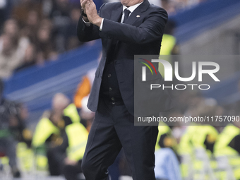 Real Madrid coach Carlo Ancelotti is present during the La Liga 2024/25 match between Real Madrid and Osasuna at Santiago Bernabeu Stadium i...