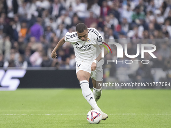 Kylian Mbappe of Real Madrid plays during the La Liga 2024/25 match between Real Madrid and Osasuna at Santiago Bernabeu Stadium in Madrid,...