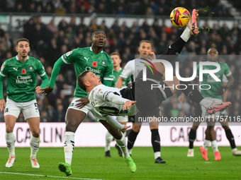 Jerry Yates of Derby County scores an overhead kick to make it 1-0 during the Sky Bet Championship match between Derby County and Plymouth A...