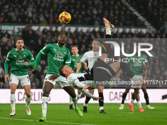 Jerry Yates of Derby County scores an overhead kick to make it 1-0 during the Sky Bet Championship match between Derby County and Plymouth A...