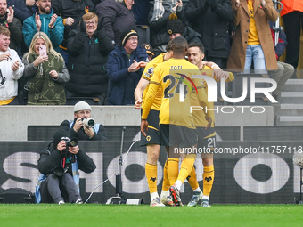 Pablo Sarabia of Wolves (right) is congratulated for his goal during the Premier League match between Wolverhampton Wanderers and Southampto...