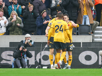 Pablo Sarabia of Wolves (right) is congratulated for his goal during the Premier League match between Wolverhampton Wanderers and Southampto...