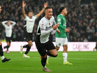 Jerry Yates of Derby County celebrates after scoring a goal to make it 1-0 during the Sky Bet Championship match between Derby County and Pl...