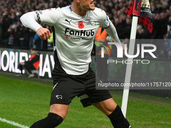 Jerry Yates of Derby County celebrates after scoring a goal to make it 1-0 during the Sky Bet Championship match between Derby County and Pl...