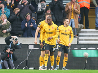 Pablo Sarabia of Wolves (right) with teammates following his goal during the Premier League match between Wolverhampton Wanderers and Southa...