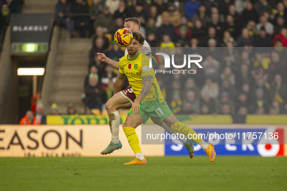 Emiliano Marcondes of Norwich City misses a header on goal during the Sky Bet Championship match between Norwich City and Bristol City at Ca...