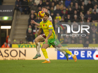 Emiliano Marcondes of Norwich City misses a header on goal during the Sky Bet Championship match between Norwich City and Bristol City at Ca...