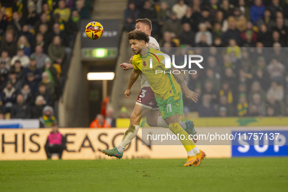 Emiliano Marcondes of Norwich City misses a header on goal during the Sky Bet Championship match between Norwich City and Bristol City at Ca...