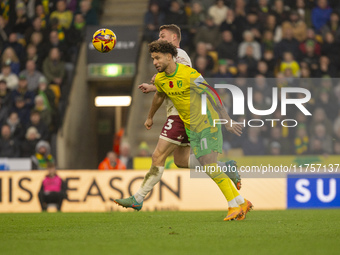 Emiliano Marcondes of Norwich City misses a header on goal during the Sky Bet Championship match between Norwich City and Bristol City at Ca...