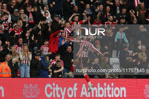 Wilson Isidor celebrates Sunderland's first goal during the Sky Bet Championship match between Sunderland and Coventry City at the Stadium O...