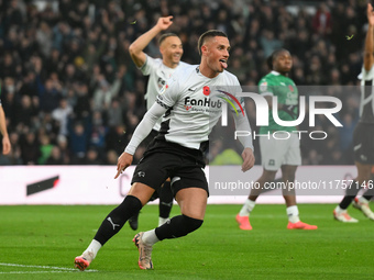 Jerry Yates of Derby County scores an overhead kick to make it 1-0 during the Sky Bet Championship match between Derby County and Plymouth A...